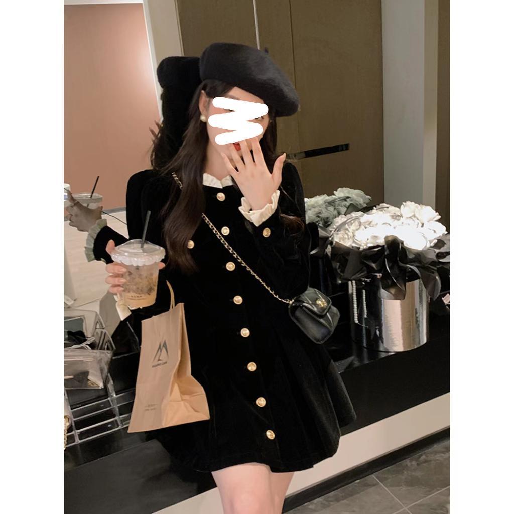 [Corduroy composite milk silk] French small fragrant Hepburn style velvet dress for children, short waist in autumn and winter