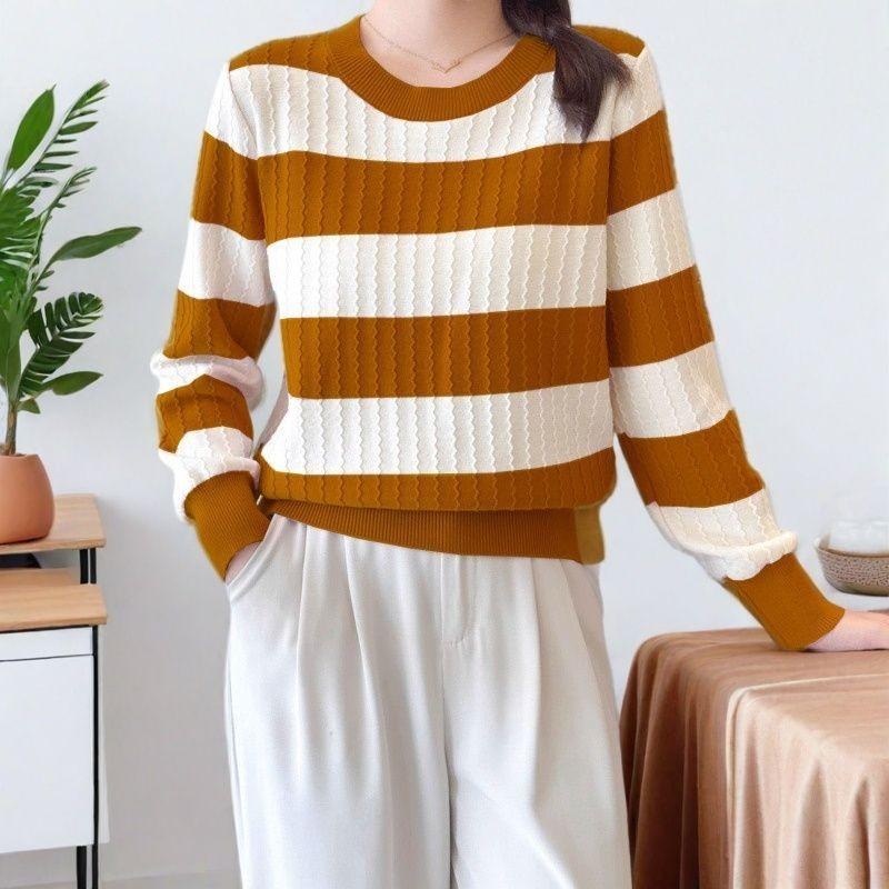 Contrast Color Striped Bottoming Shirt Women Autumn Winter Round Neck Knitted Sweater Pullover Long-sleeved Top