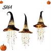 Magische Halloween Huis Accent 2 Stuks Verlicht Zwart Gaas Heks Hoed Hangend Klokkenspel, Gloeiende Spookachtige Veranda Ornamenten Lamp met Vallende Sterren voor