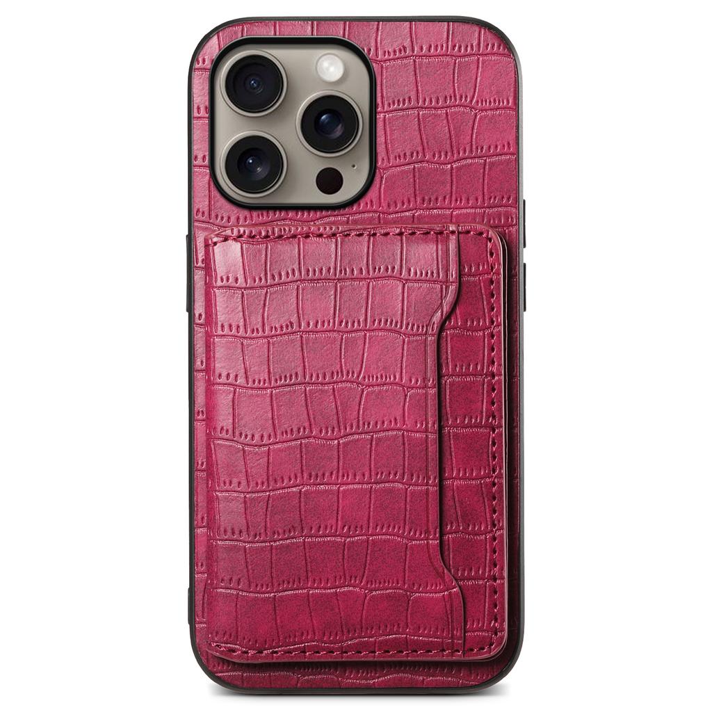 For iPhone 16 Pro Max Case Card Holder Kickstand Crocodile Texture Leather Back Phone Cover