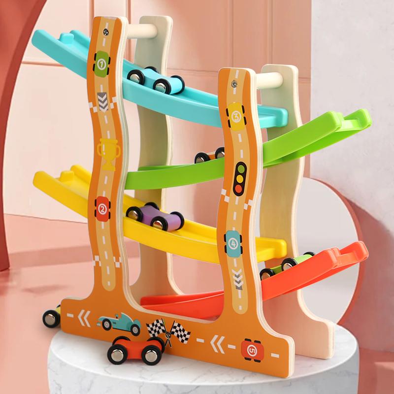 Wooden Animal Model Track Glider Set - 4 Tier Car Ramp Kids Toys Fun Traffic And Animal Themed Games Fun Track Car Puzzle Toys