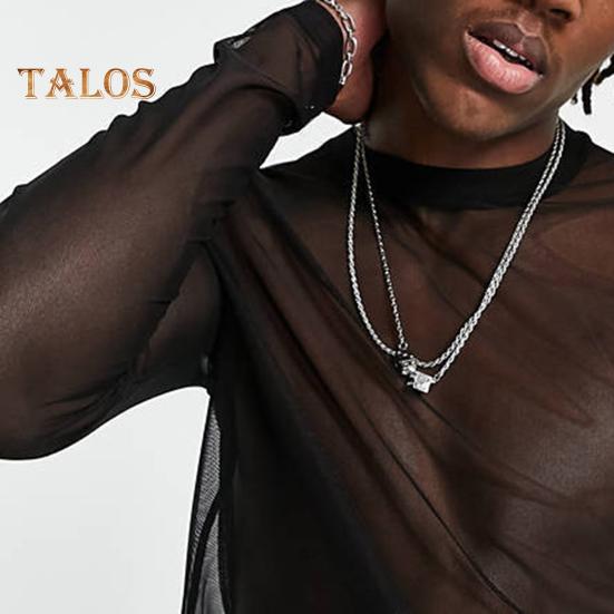 Men Mesh Top Ultra Thin See-through O Neck Long Sleeves Solid Color Stretchy Slim Fit Muscle-Enhancing Party Homewear Club Dance Performance T-shirt