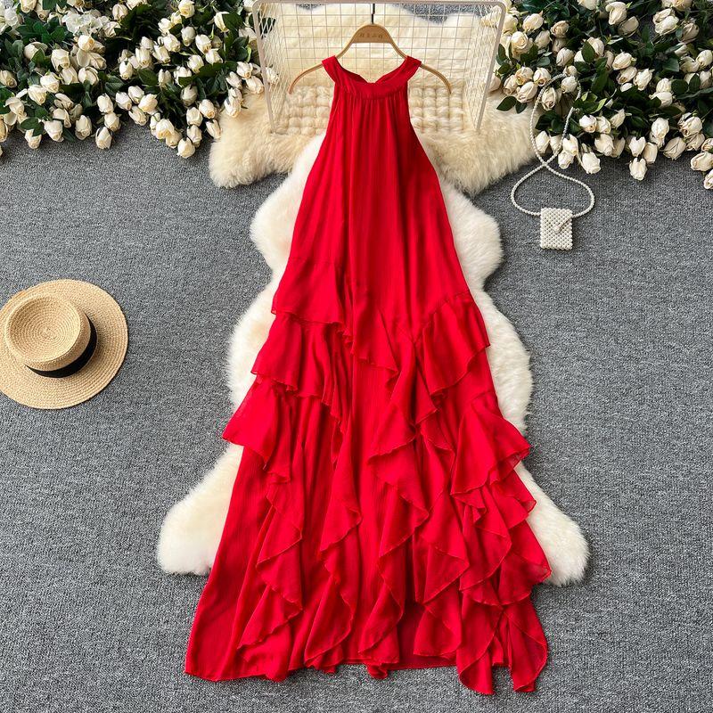 

Seaside Holiday Dress Women s Pure Desire Atmosphere Halterneck Ruffles Chiffon Fairy Dress French Sleeveless Long Skirt Red M