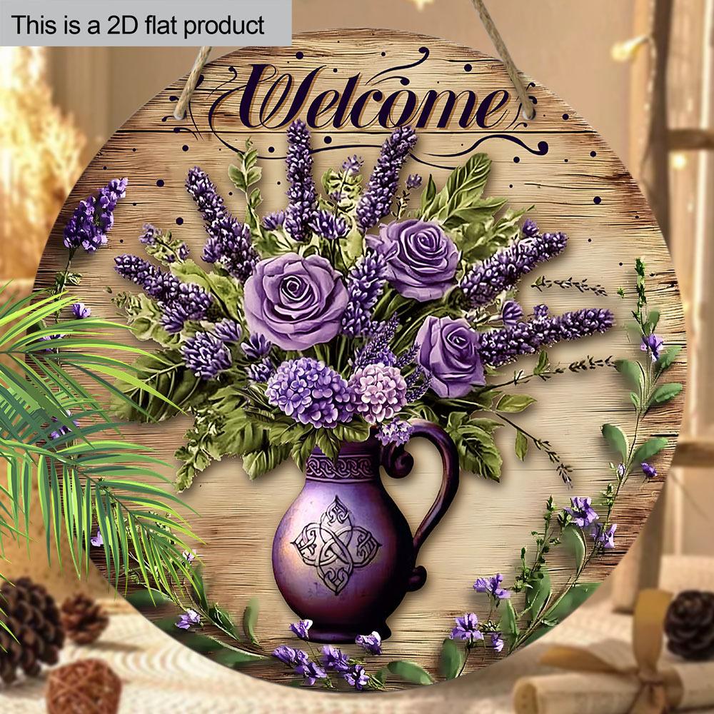 Wooden Lavender Rose Welcome Sign - Charming Home Decor, Perfect for Door, Wall, Home, Room, Farmhouse, Street, Shop, Garage, Bar, Garden, and