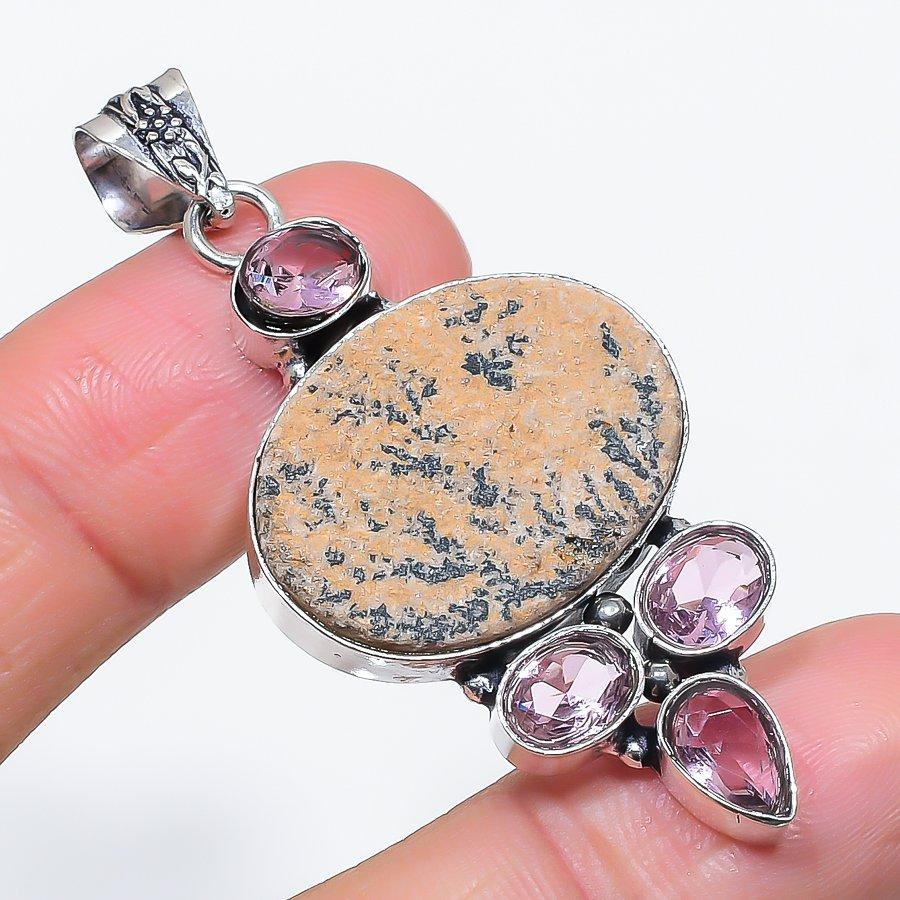 Natural Psilomelane Dendritic, Kunzite 925 Sterling Silver Pendant 2.36" L6f62