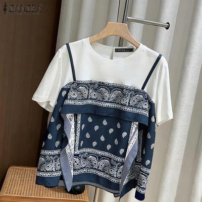 Women Casual Round Neck Print Patchwork Summer Short Sleeve Blouse