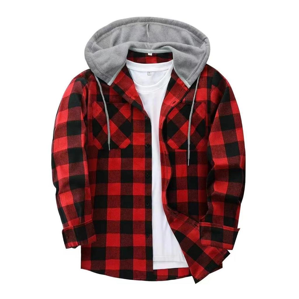 Autumn Men's Casual Fashion Couple Hooded Plaid Long Sleeve Shirt Trend