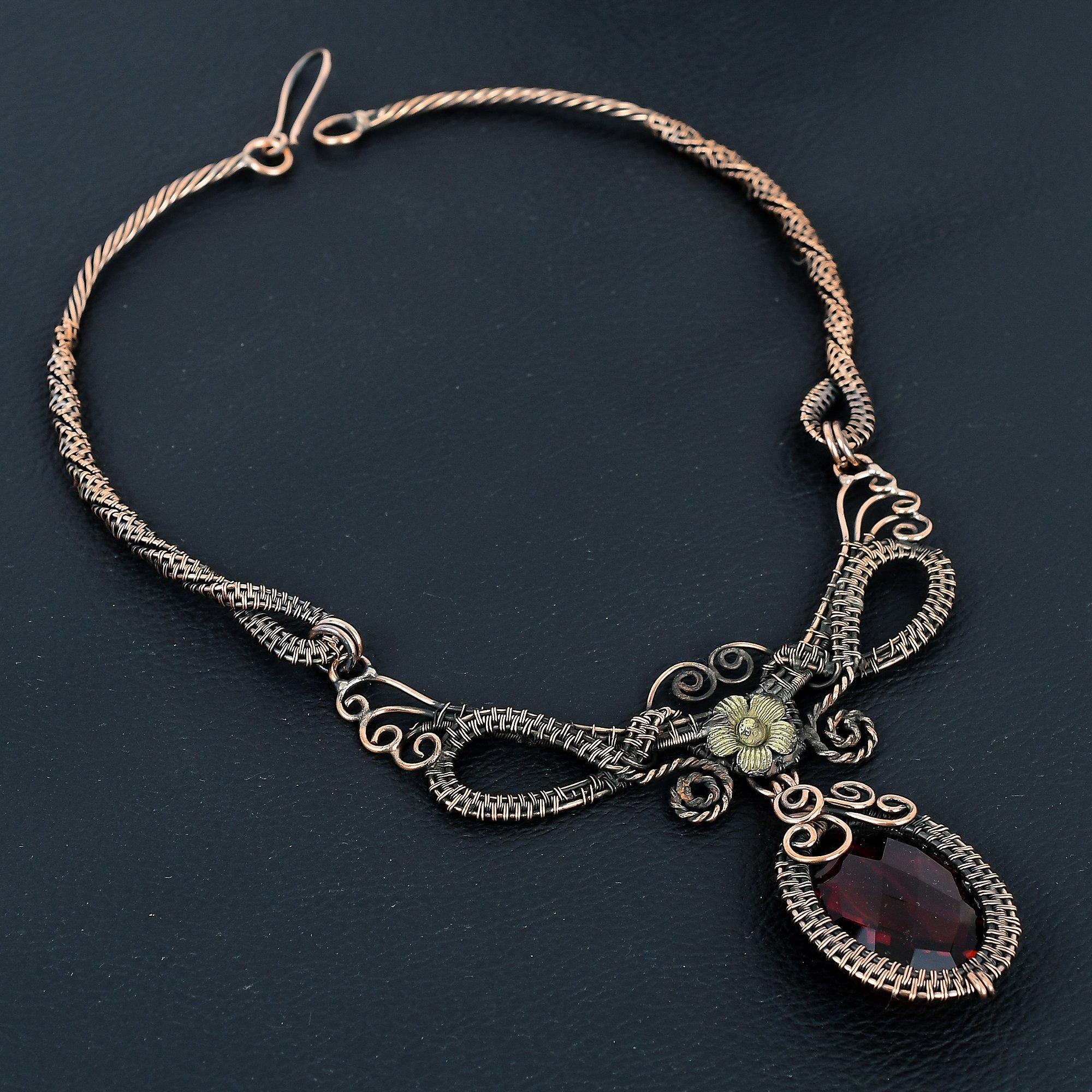 

Faceted Red Garnet Necklace Handmade Jewelry, 999 Copper Wire Wrapped Necklace Designer Gemstone Jewelry Adjustable Chain Necklace Gift For Mom 2.55 Inches