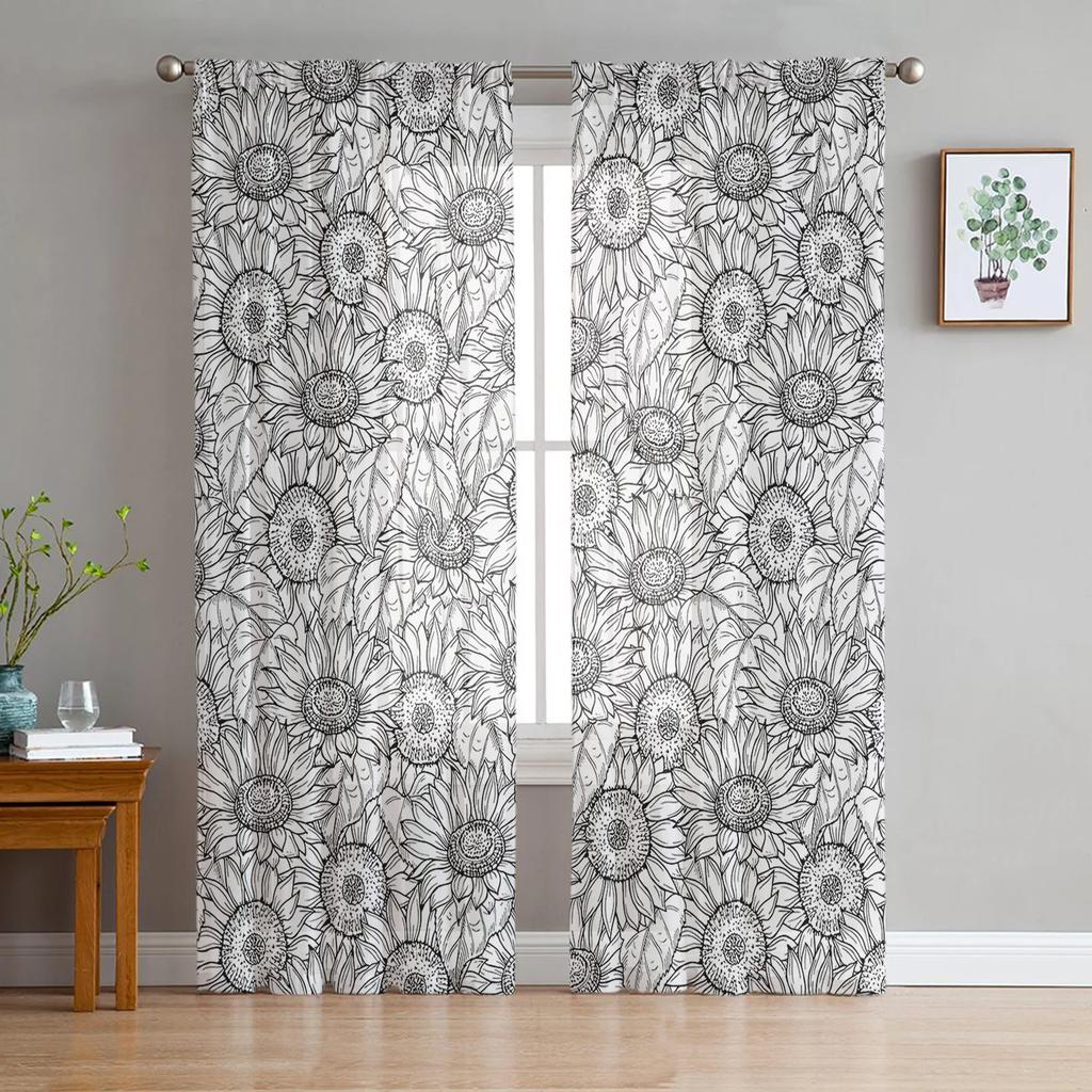 Black White Flowers Printed Curtains Drape Tulle Home Decoration Living Room Bedroom Cortinas Chiffon Window Light Filtering Polyester Great Treatment