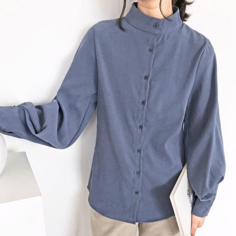 Vintage Stand Collar Loose Lantern Sleeve Shirt for Women Fashion Autumn New Solid Elegant Casual Women's Blouse Button Up Fashion Lady Blouses 25341