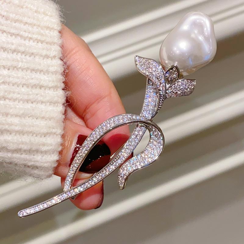 ZHENXUN Full Diamond Tulip Baroque Pearl Brooch Versatile Suits Coat Pin Environmental Brass Unisex Big Temperament