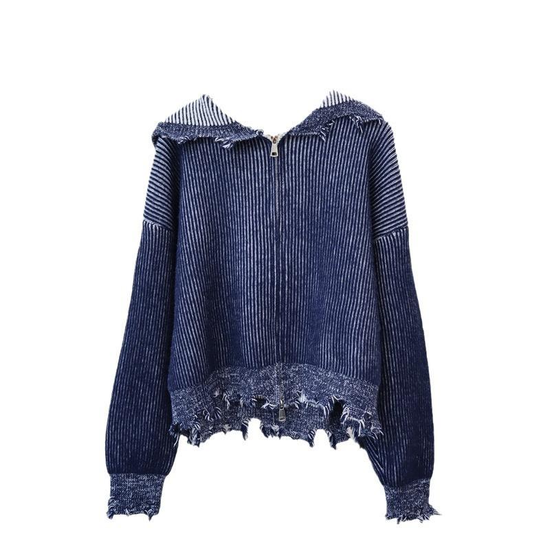 Double Zipper Hooded Hole Design Knitted Cardigan Autumn and Winter New Loose High-end Sweater Jacket Women