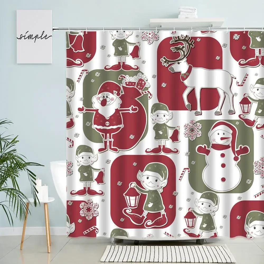 Cartoon Frohe Weihnachten Duschvorhang Weihnachtsmann Schneemann Tier Spaß Kind Badezimmer Dekor Mit Haken Wasserdicht Polyester Bildschirm