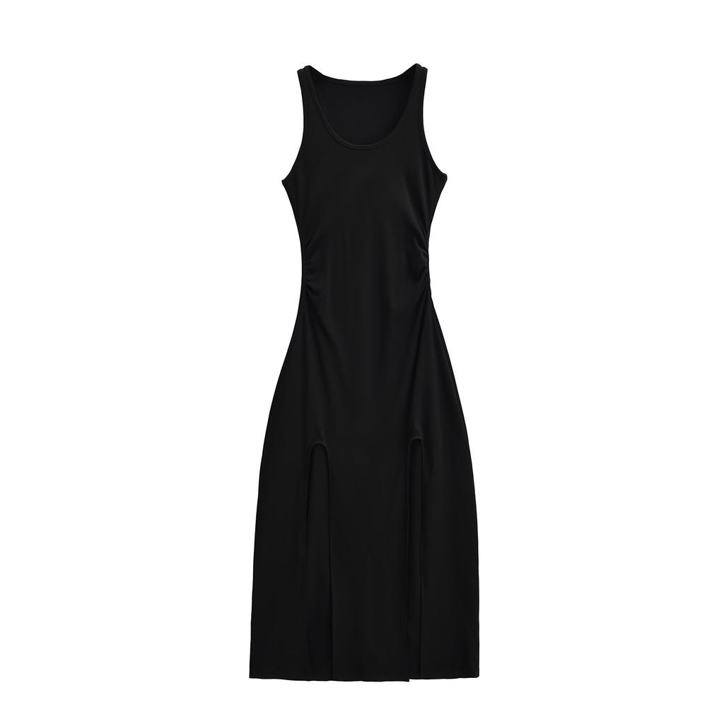 Sexy Fishing Department High Split Fork Spice Girl Sleeveless Vest Summer New Pull Pleated Waist Thin Hip Wrap Dress Long Dress