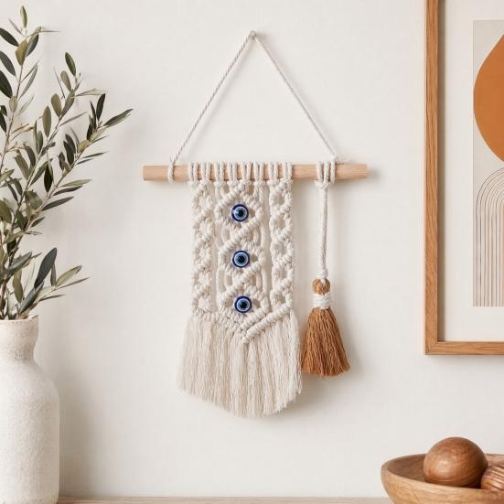 Bohemian Wall Tapestry, Blue Evil Eye Braided Tapestry, Knotted Cotton Rope Tapestry for Home Nursery Bedroom Living Room Wall Decor