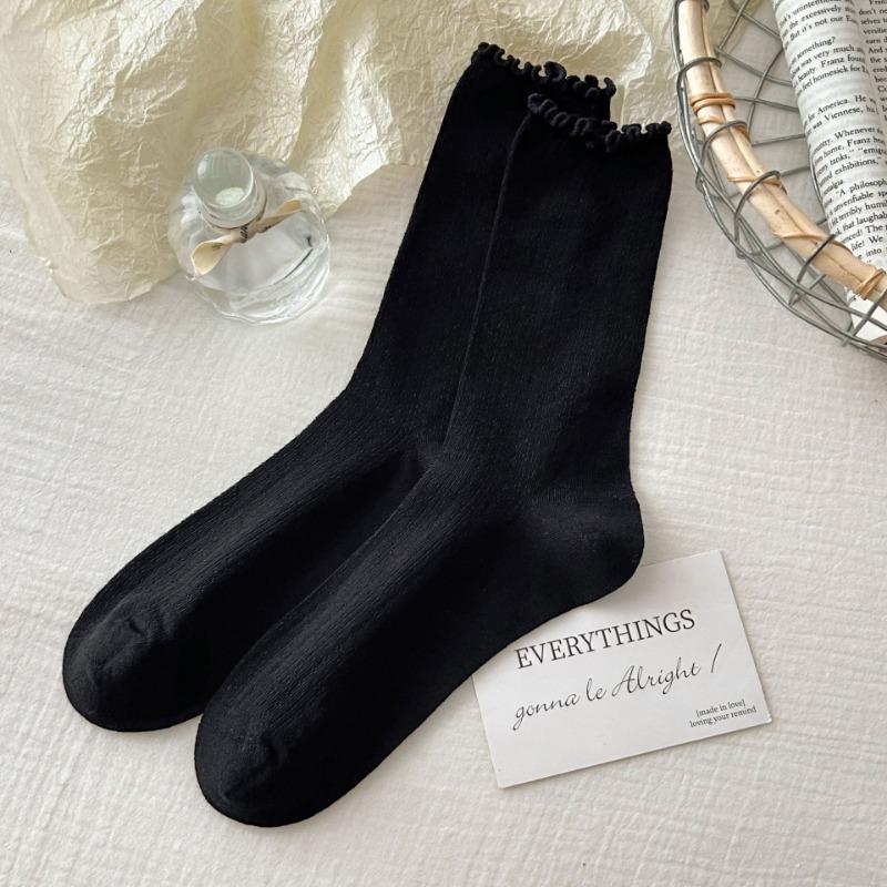 Boneless Socks for Women, Summer Thin Mesh Breathable Pile Socks, Black Fungus Edge Mid-calf Socks, Loose Lace Postpartum Socks for Women