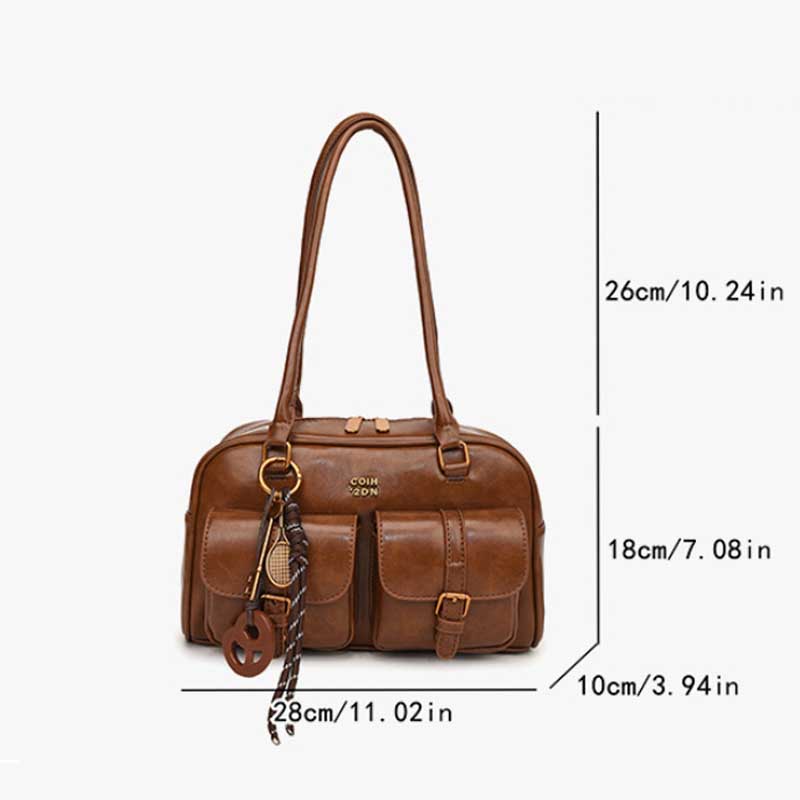 Bolsa de Ombro Feminina Retrô Cor Sólida Couro PU com Múltiplos Bolsos Grande Capacidade Vem com um Charm Acessório Removível