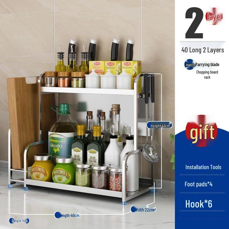 Stainless Steel Multi-layer Kitchen Rack: Spice, Knife Holder & Storage