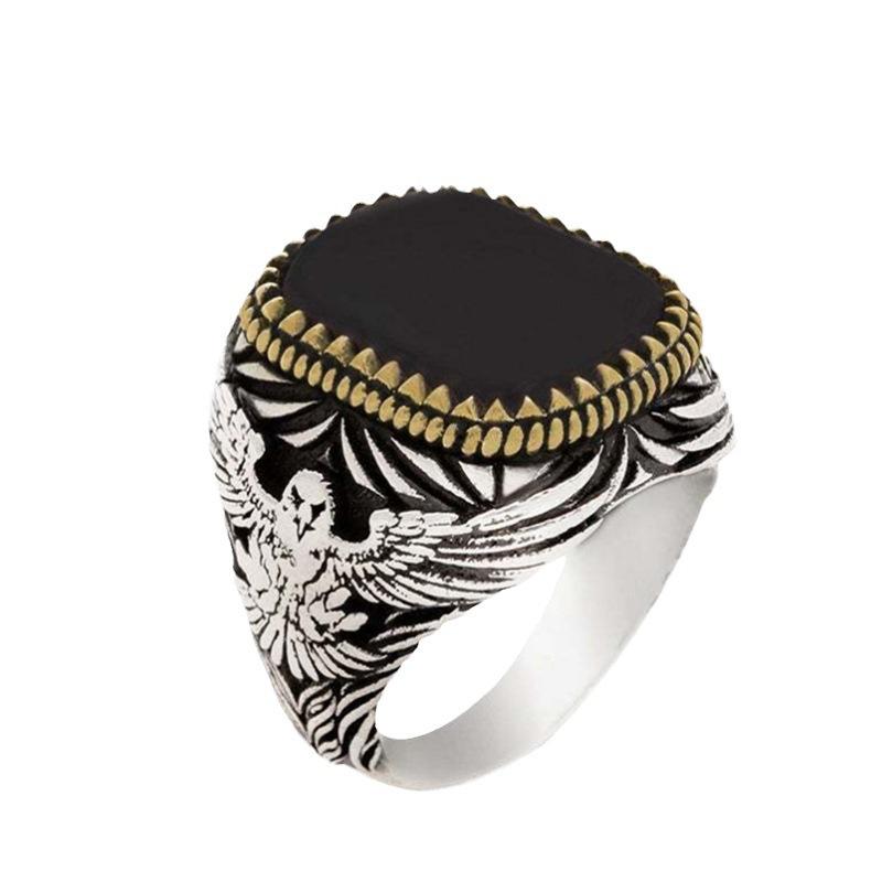 Huajie Persönlichkeit Herren Türkische Siegelringe Zweifarbig Geschnitztes Adler Tiermuster Schwarzer Zirkon Retro Ring Trend