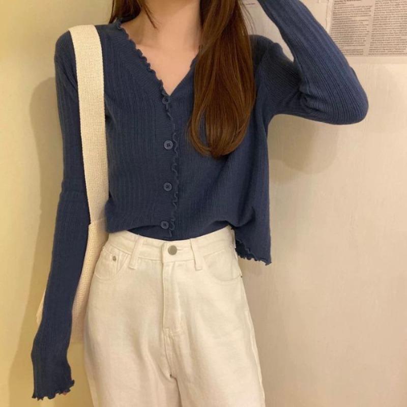 V-neck knitted cardigan solid color versatile small coat sweater spring trend women's early autumn new fungus edge