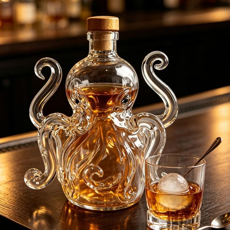 Cabinet Shelf Display Bottle in Clear Glass, 8-Footed Fish Whisky Vessel with Stopper for Vodka Bar Cart and Serving Corner