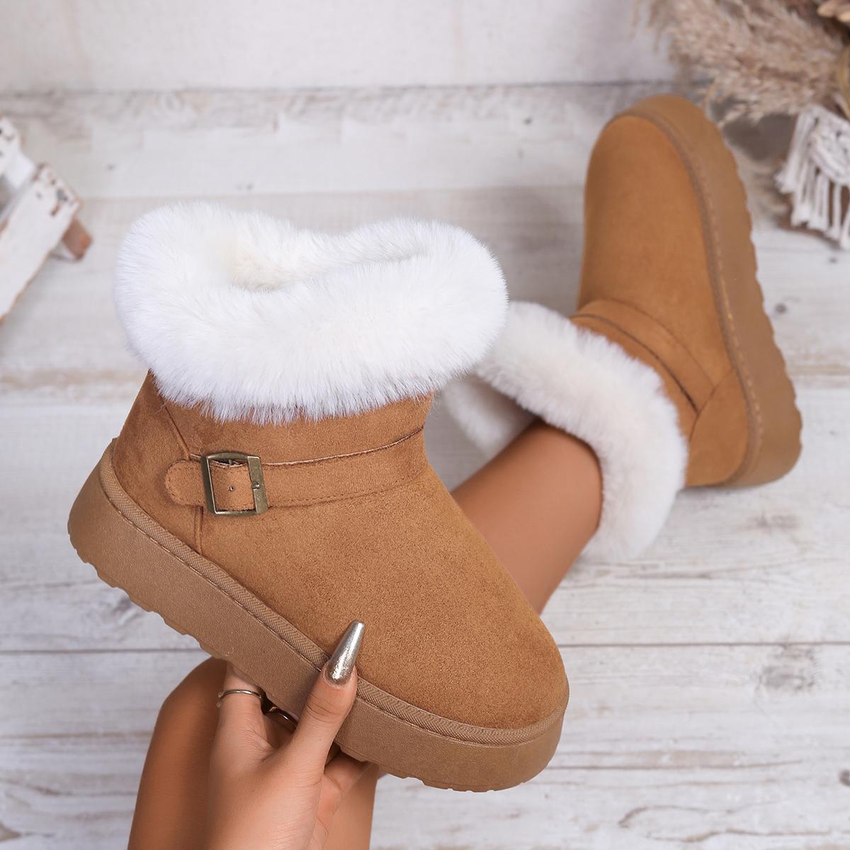 

Metal Belt Buckle Fur Snow Boots Women 2025 Winter Warm Furry Ankle Boots Non Slip Thick Bottom Booties Size 42 36