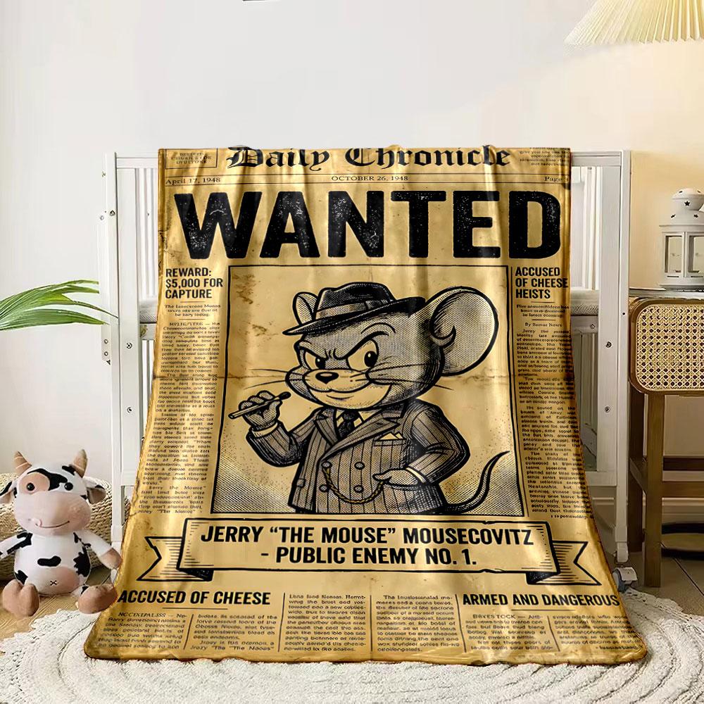 A "WANTED" poster featuring a cartoon mouse in a suit and hat. for all seasons blanket lunch break throw gift