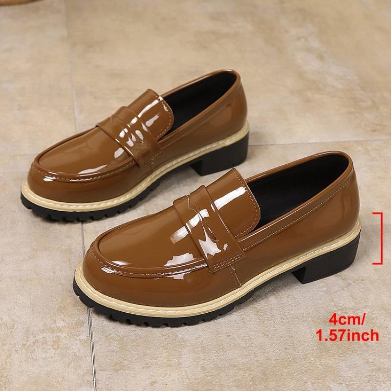 Damskie mokasyny ze skóry lakierowanej na bloku, rozmiary plus size, nowe jesienne skórzane buty w stylu brytyjskim