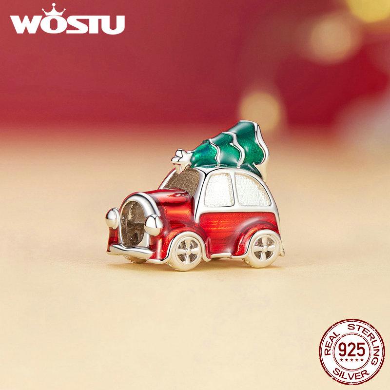 WOSTU 925 Silver Christmas Tree Car Beads Elk Snowflake Charm Snowman Puppy Cat Pendant Fit DIY Bracelet Necklace Cute Xmas Gift