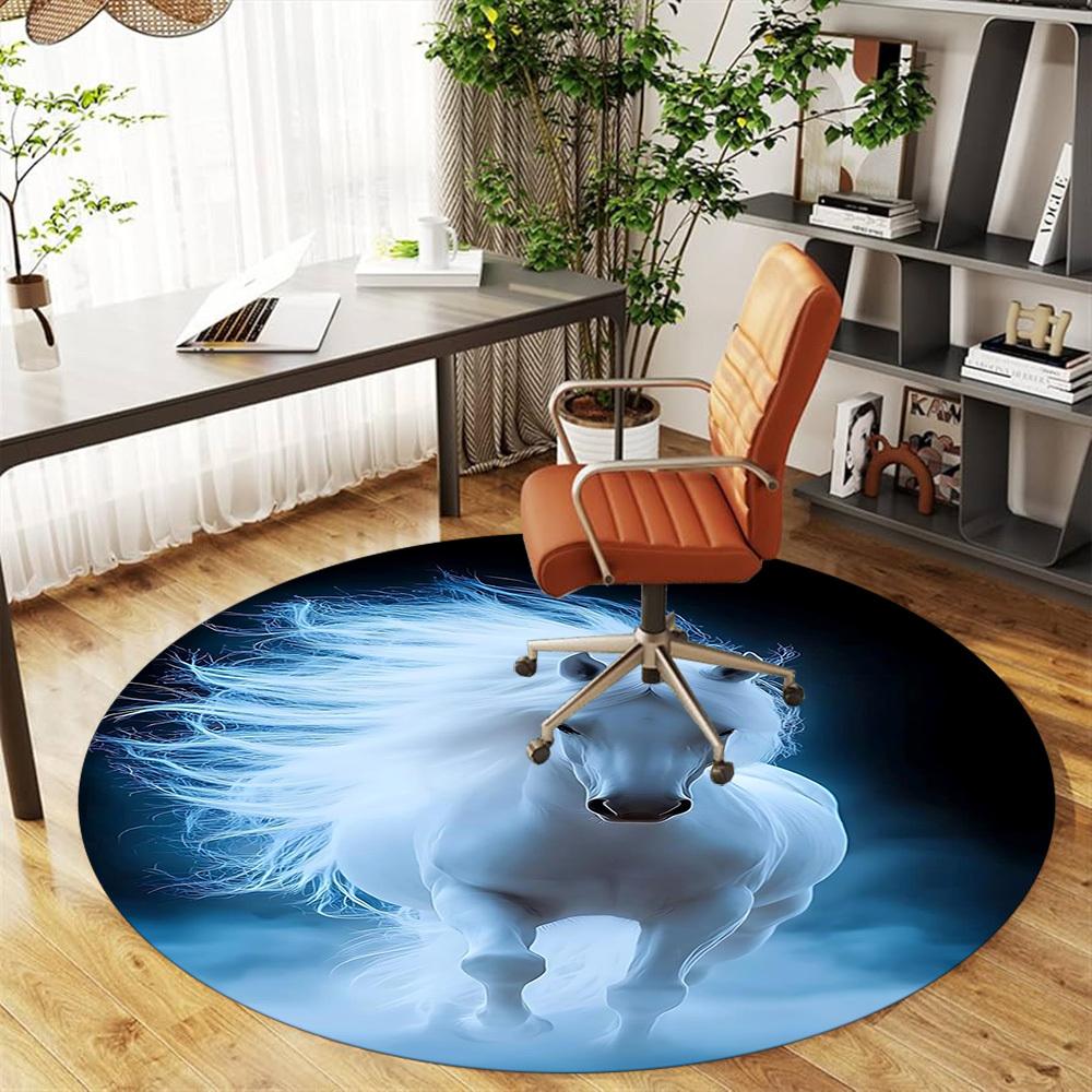 1pc White Horse Fantasy Round Chair mat office Area Rug - Non-Slip, Floor Mat for Office, Bedroom, and Indoor Decor p127004