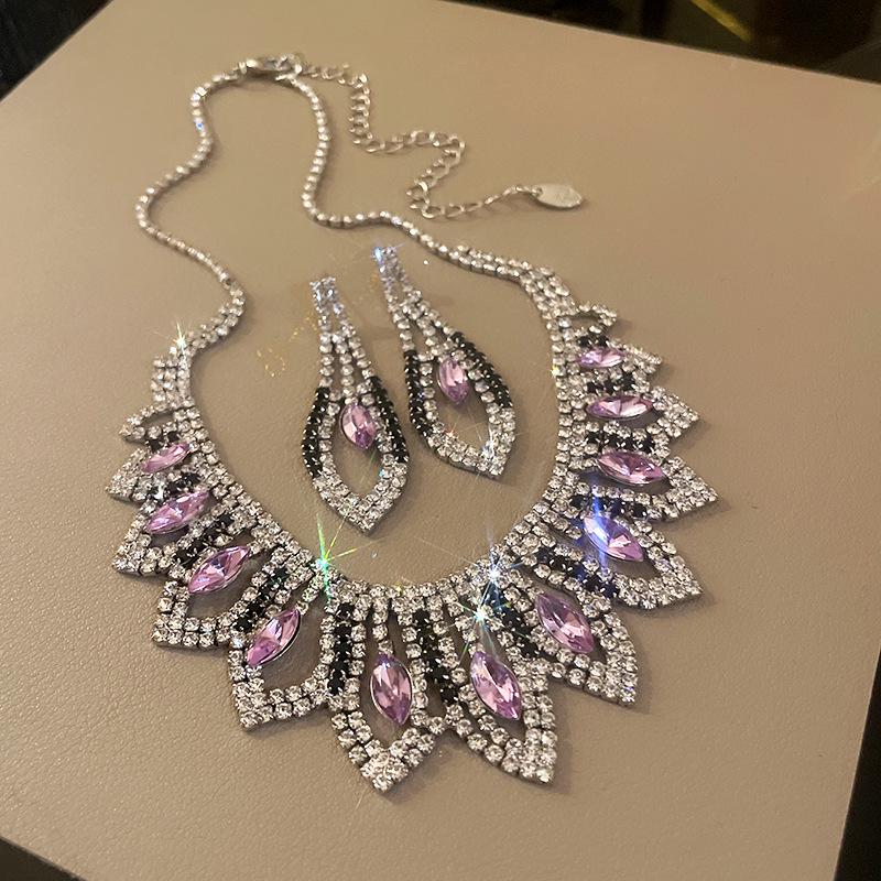 Luxury European & American Diamond Drop Necklace and Earrings Set - Elegant Versatile Jewelry