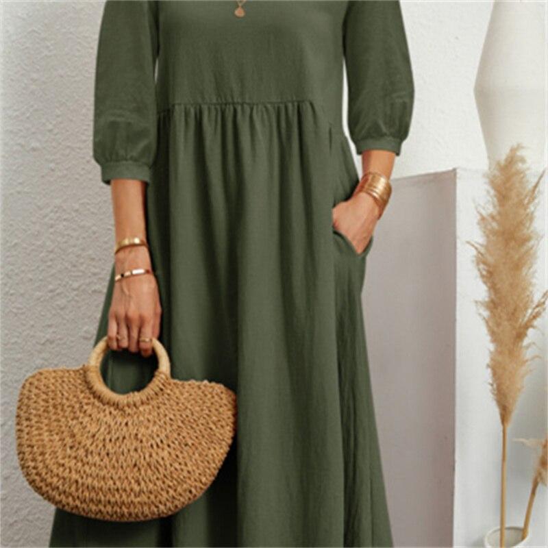 2022 Summer Cotton Linen A-line Maxi Dresses Woman Robe Femme Ladies Elegant Fashion Vintage Loose Solid Women's Dress For Women