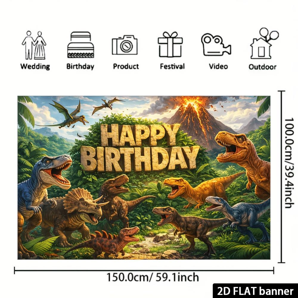 2D dinosaur themed birthday party banner background  Jurassic jungle volcano scene 150X100