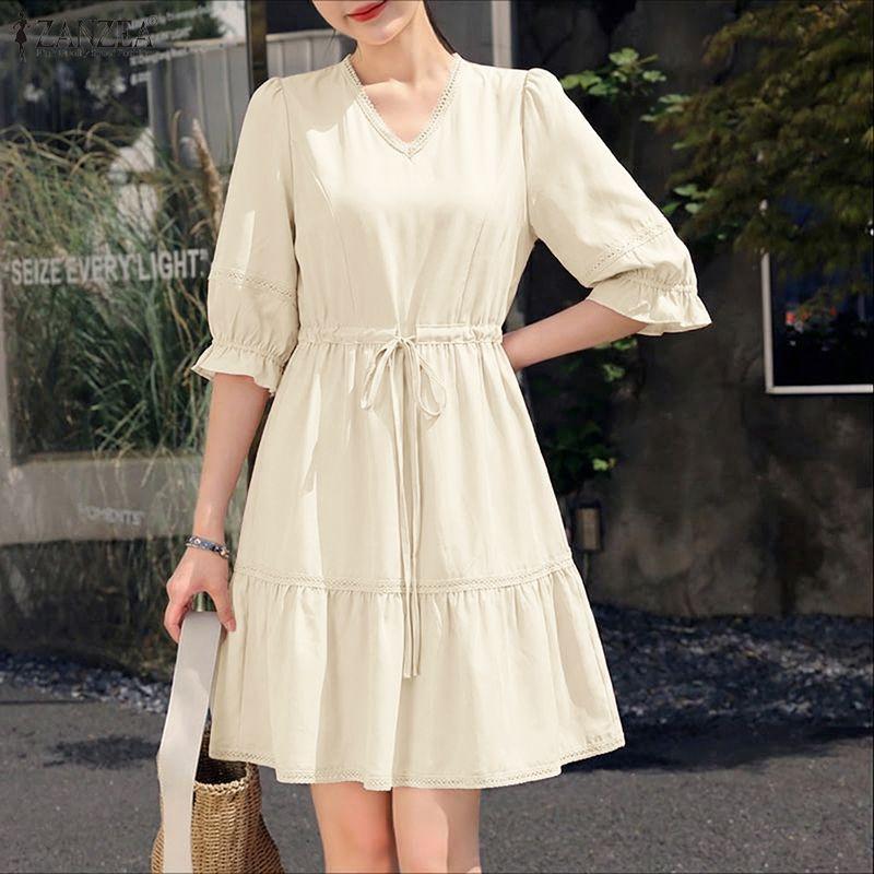 ZANZEA Women Casual V-Neck Loose Half Sleeve Dress
