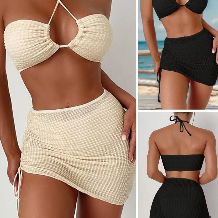 European And American Solid Color New Neck Sexy Swimsuit Skirt Three-Piece Split Bikini Swimsuit Russia