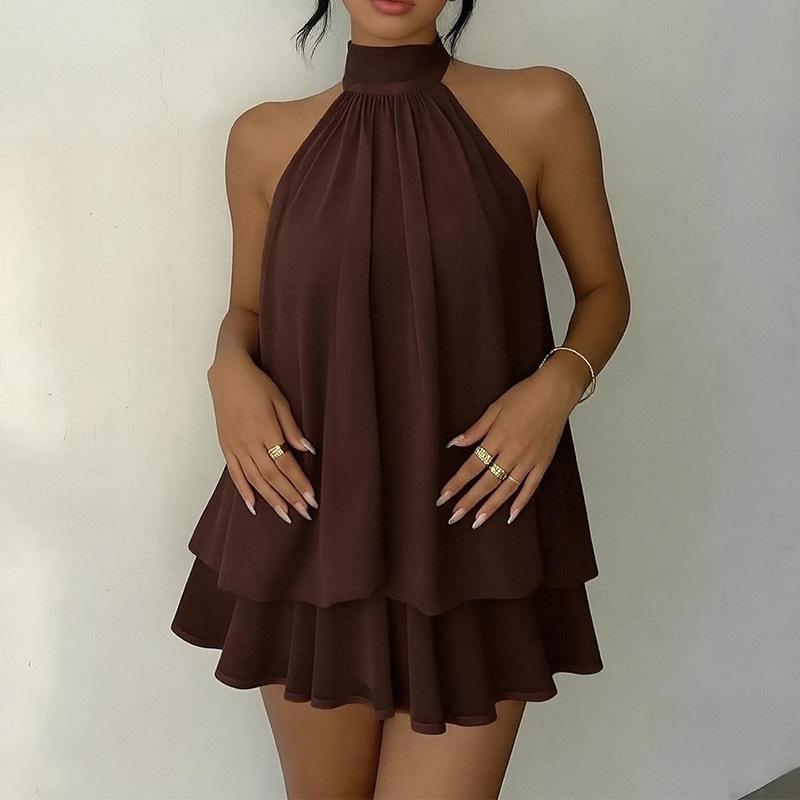 European & American Women's Backless Halter Strap Dress - Holiday Slim Fit with Puffy Short Skirt