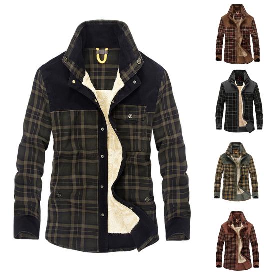 Lapel Long Sleeve Plaid Patchwork Print Pockets Single Breasted Men Coat Winter