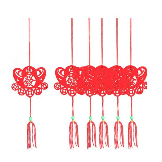 6Pcs Chinese New Year Pendant Red Felt Hanging Decor Paper-Cutting Spring Blessing Characters Tassels Pendant