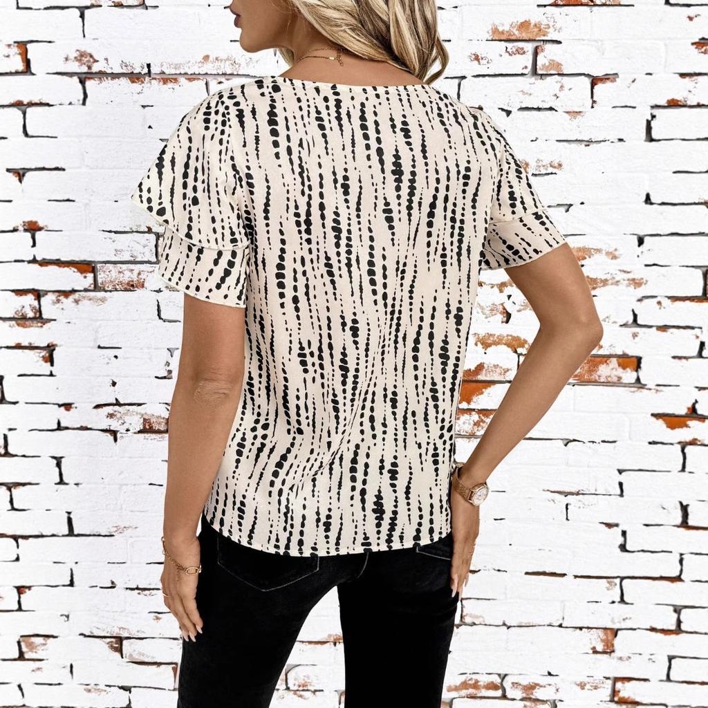 New European and American Women's Round Neck Short-sleeved Full-print Elegant Women's Top