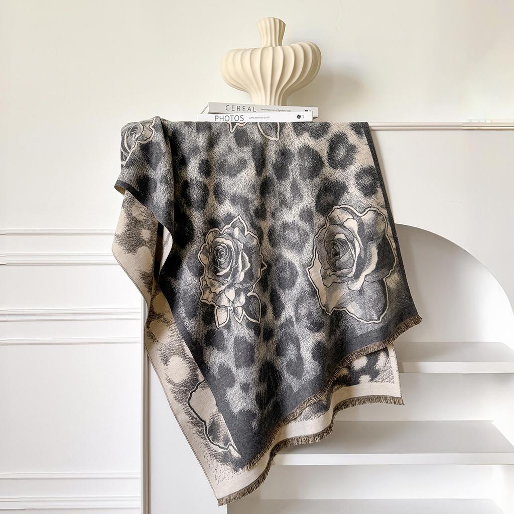 Eleganz Damen Rosen-Leopardenmuster Schals Winterwärmer Pashmina Beidseitige Damen-Schals Dicke Decke Wickeltuch Foulard Schal