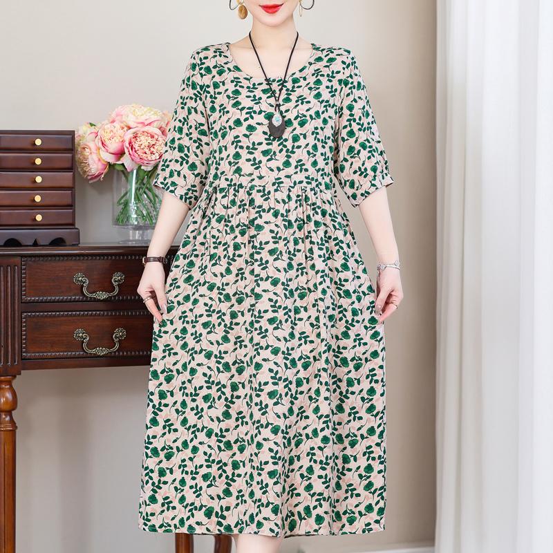 Casual Summer Women's Dresses  Plus Size Half Sleeve Vintage Print Long Dress Female