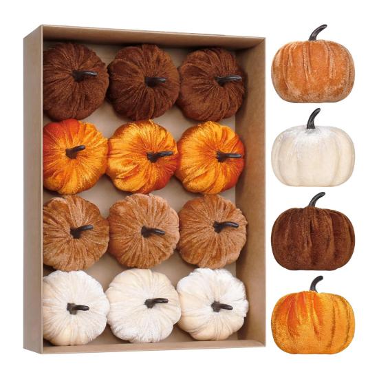Artificial Velvet Pumpkin Decoration Foam Faux Flocked Pumpkin for Fall Harvest Party Thanksgiving Halloween Home Table Centerpiece