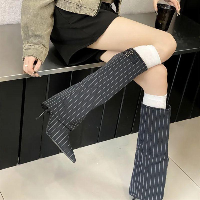 Fashion IPPEUM Women Knee High Boots Thin Heel Denim Point Toe Winter Retro Shoes Botas Mujer