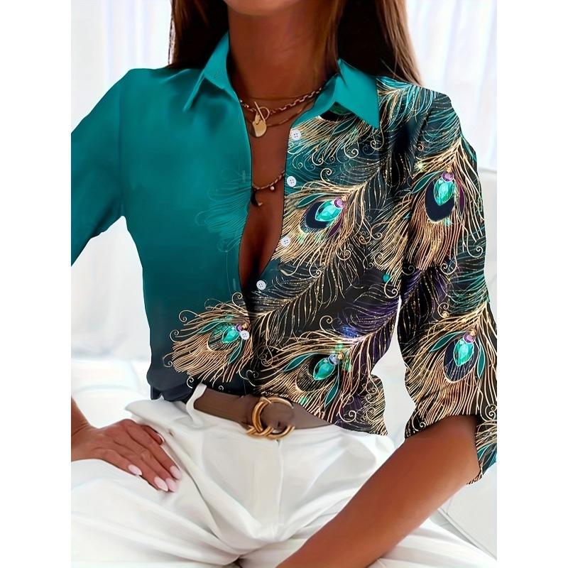 European and American 1D Digital Printing Stand-up Collar Long-sleeved Shirt Women's Loose Hawaiian Style Vacation Casual Top Trend