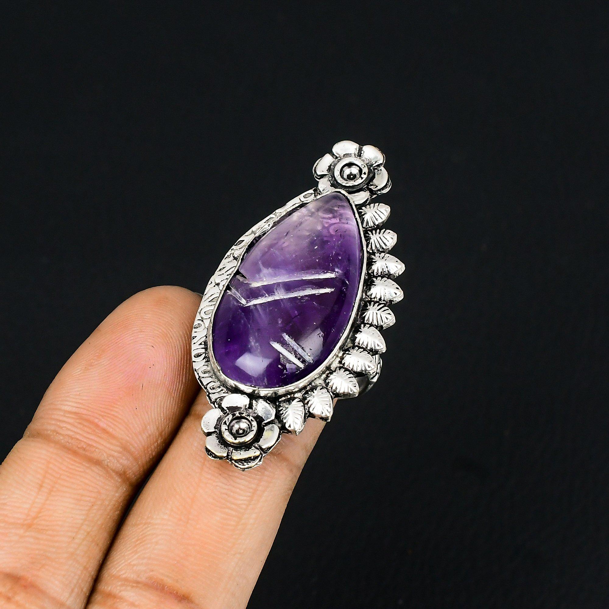 Natural Star Amethyst Gemstone Stackable Flower Purple Ring Size 7 925 Silver 7