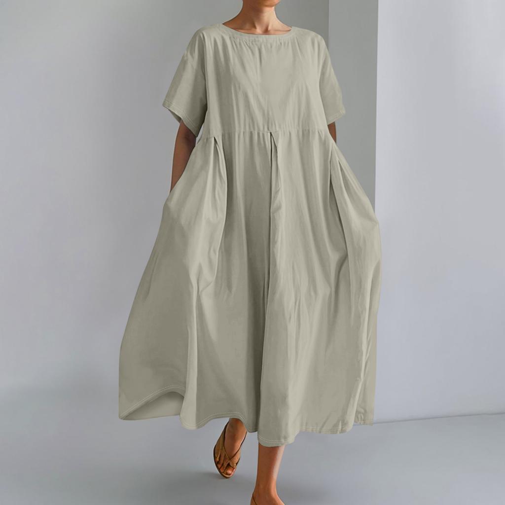 Women's  Color Fashionable Casual Cotton And Linen Loose Round Neck Short Sleeved Dress