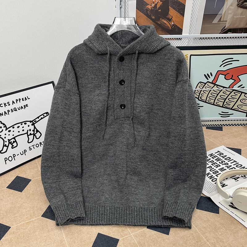 

Мужской свитер на осень и зиму, свободный пуловер с капюшоном, однотонный свитер-топ L серый