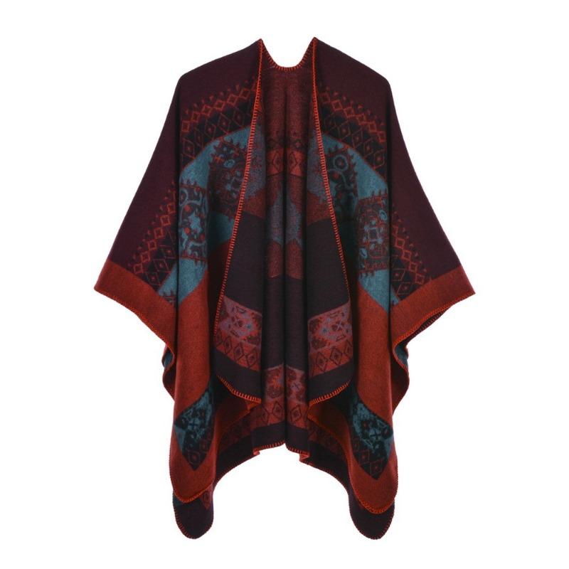 Women's Cape Shawl Autumn and Winter Retro Split Fork Warm Imitation Cashmere Scarf Cape