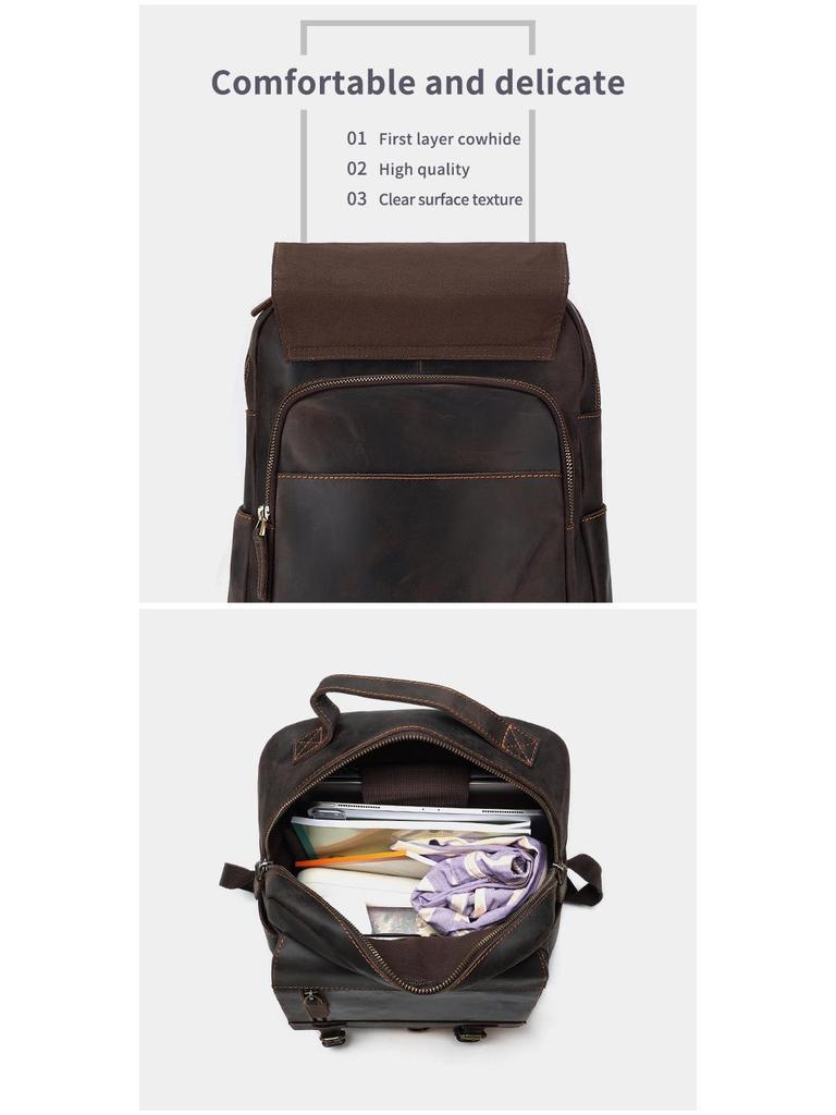 DUJIANG Men's Crazy Horse Leather High-Capacity Casual Backpack