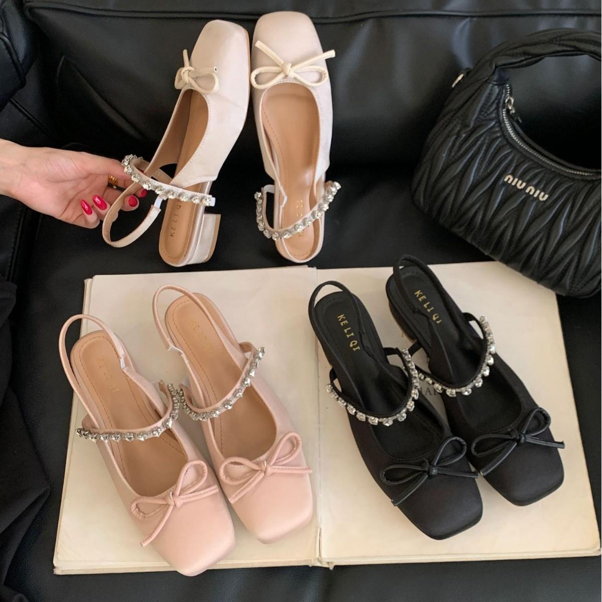 

2025 new autumn round head with satin rhinestone bow thick heel back empty OL commuter work women s shoes 39 чёрный